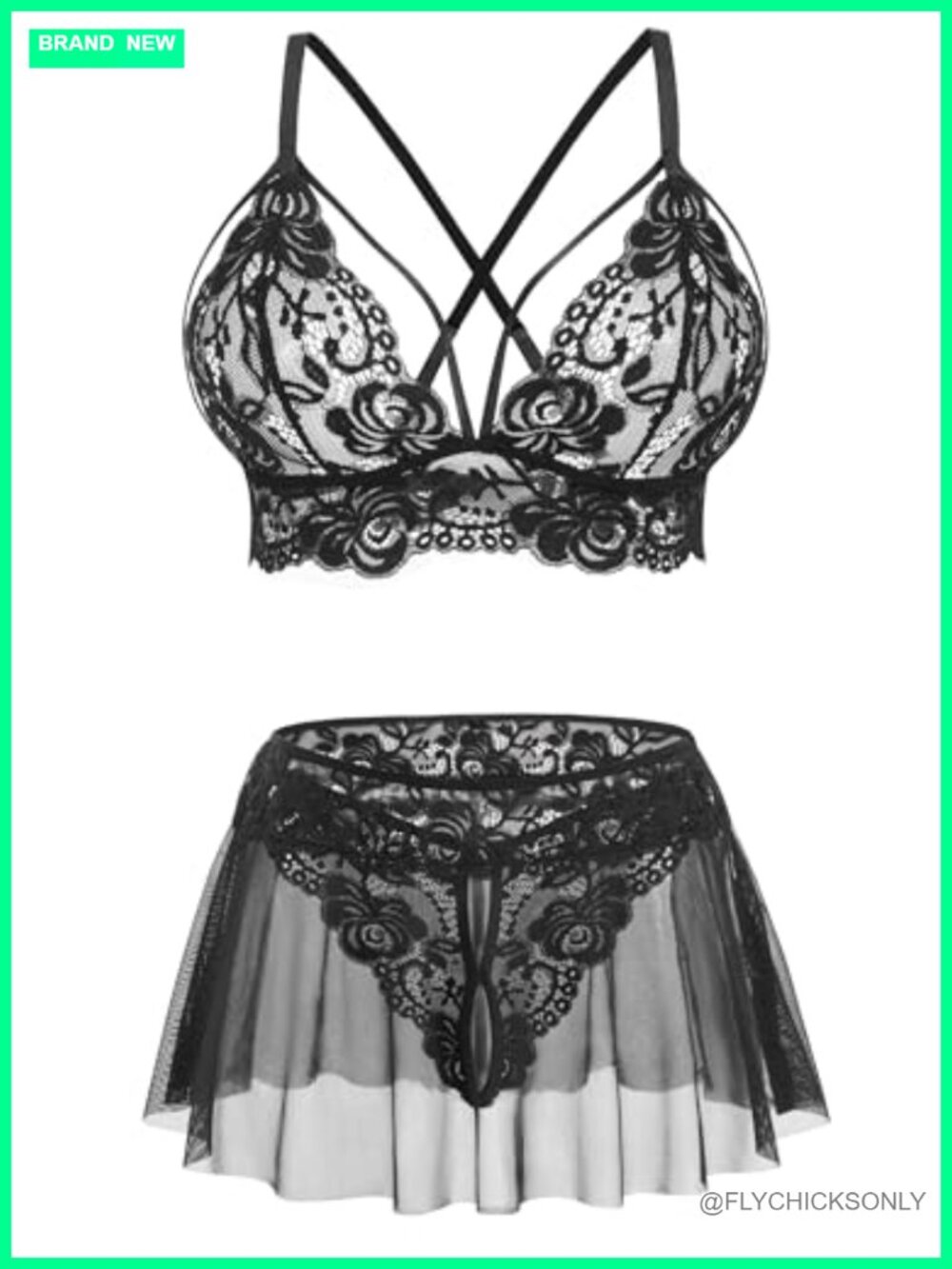 Sheer Lace 3 Piece Lingerie Skirt Set with Thong